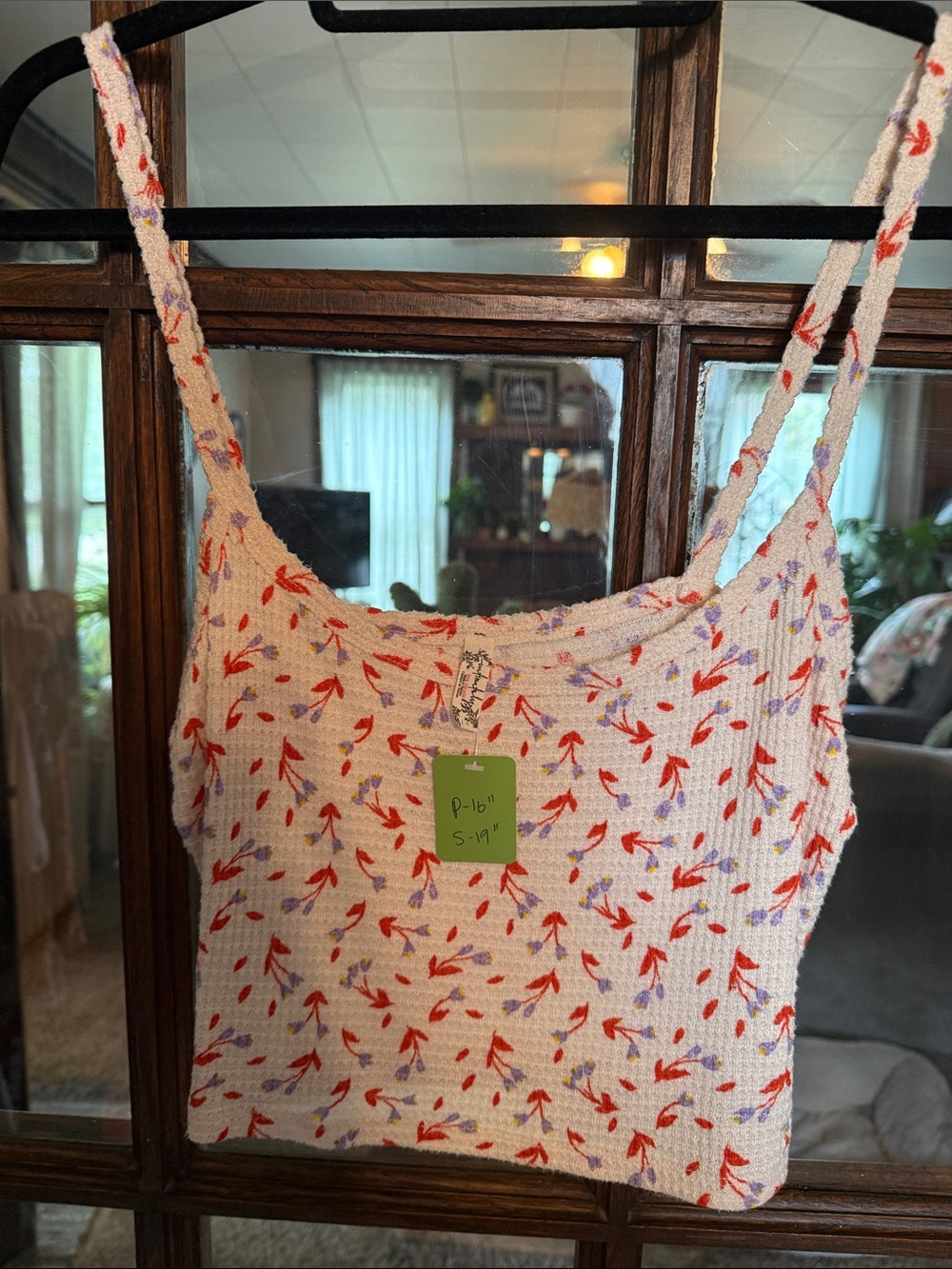 Intimately Free People Floral Waffle Knit Cami Braided Strap Crop Top Cream L
